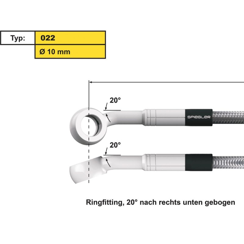 10 mm, Vario Line Banjo Fitting Type 022, 20° Right Side Bend, 20° Down Elbow, ABS Block Stainless Steel