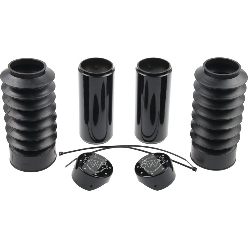 6-Piece Fork Covers with lower Fork Rubbers With Cult-Werk Logo Black Gloss Powder Coated