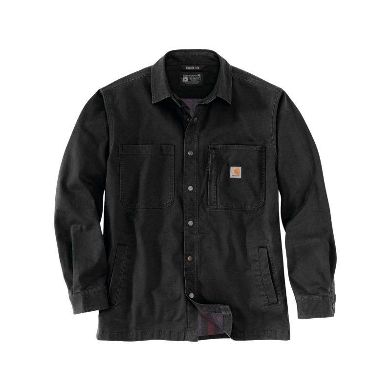 Rugged Flex Relaxed Fit Canvas Fleece-Lined Snap-Front Shirt Jacket S Black