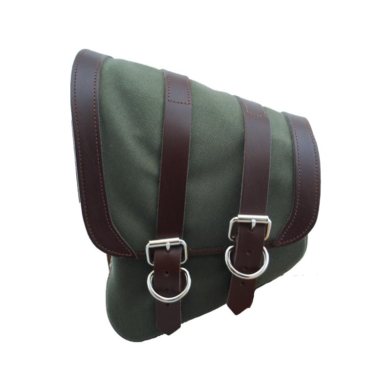 Canvas Swing Arm Saddle Bag With Black Straps Brown Army Green Left