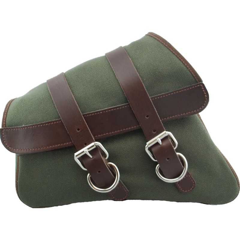 Canvas Swing Arm Saddle Bag With Black Straps Brown Army Green Left