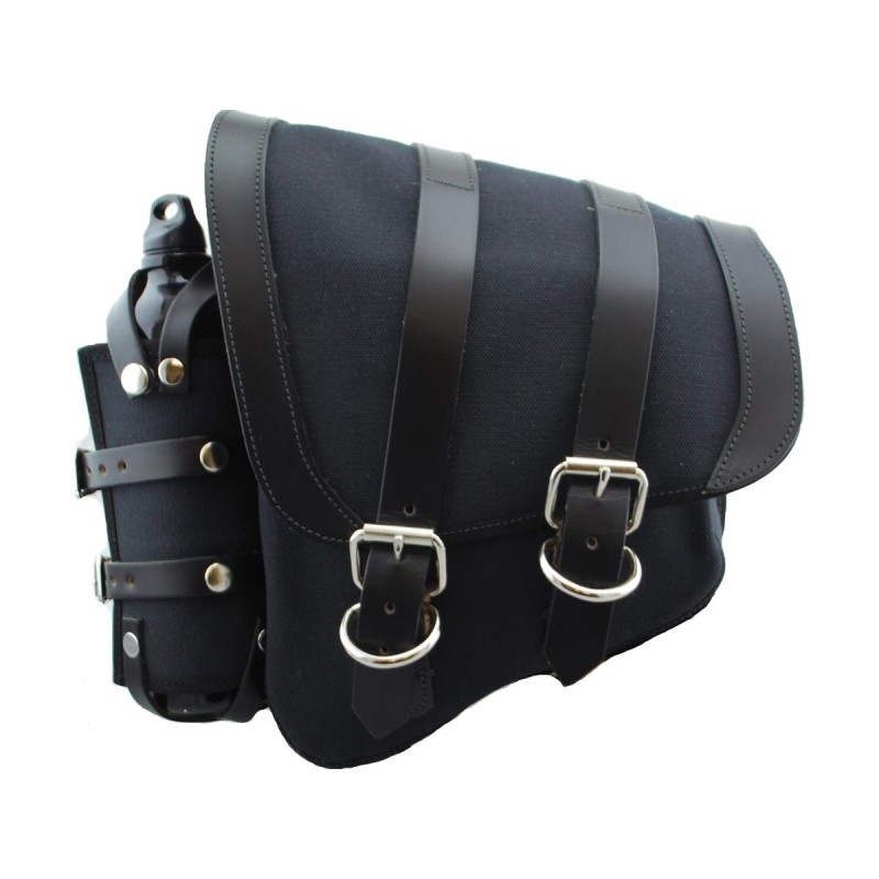 Canvas Swing Arm Saddle Bag with Bottle With Black Straps Black Left