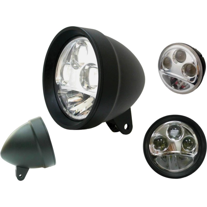 Phare avec cerclage LED avant 145mm (53/4) 60/55W + Ampoule H4 Chrome ou  noir moto custom Harley