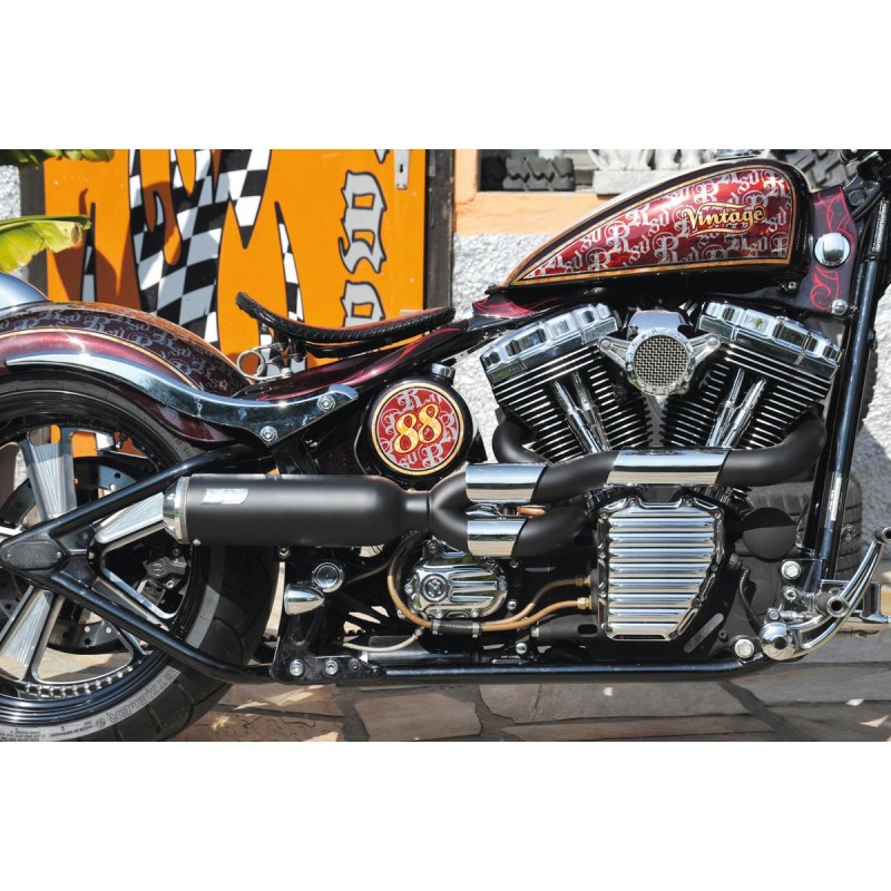 Bomb V2 Exhaust System , Polished Smooth Heat Shield, Polished Adjustable High End Cap, Black 4"