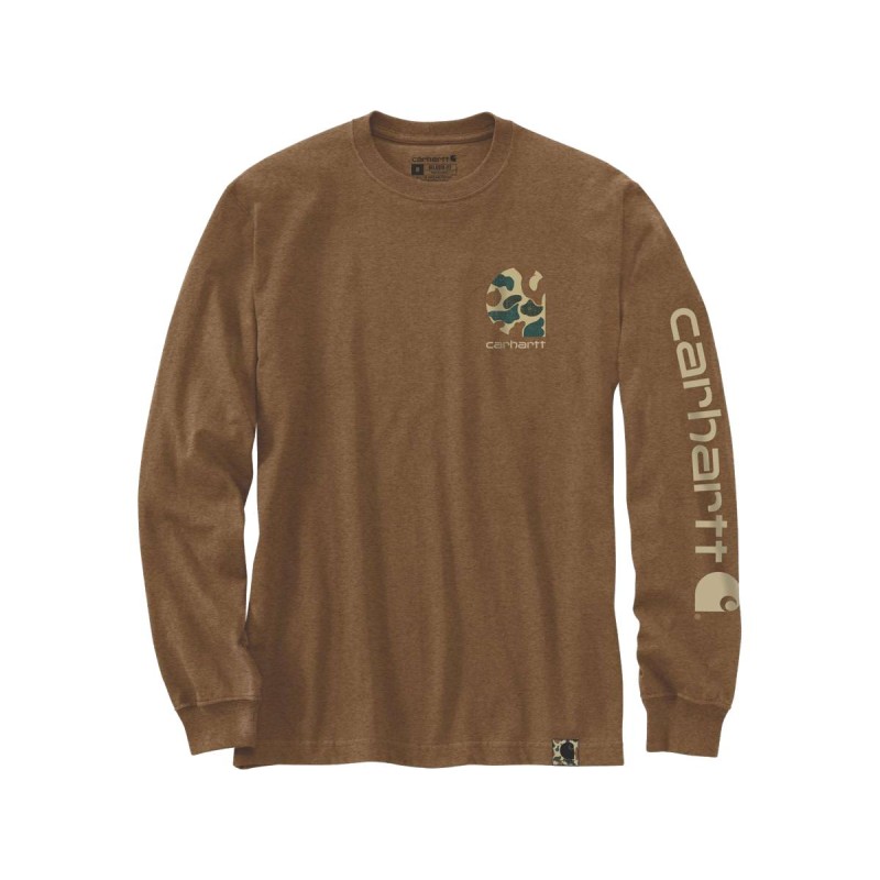 Relaxed Fit Heavyweight Long Sleeve Camo Logo Graphic Shirt S Oiled Walnut Heather