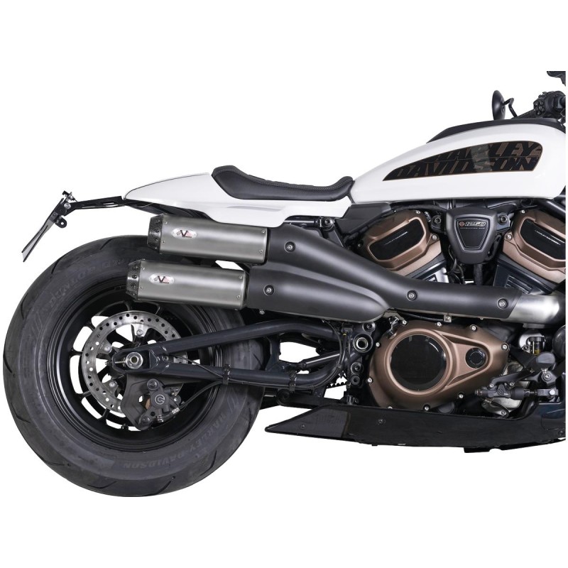 Sportster S 2in2 Racing Muffler and Mid-Pipe Set Endcap Tracker Carbon Stainless Steel Satin