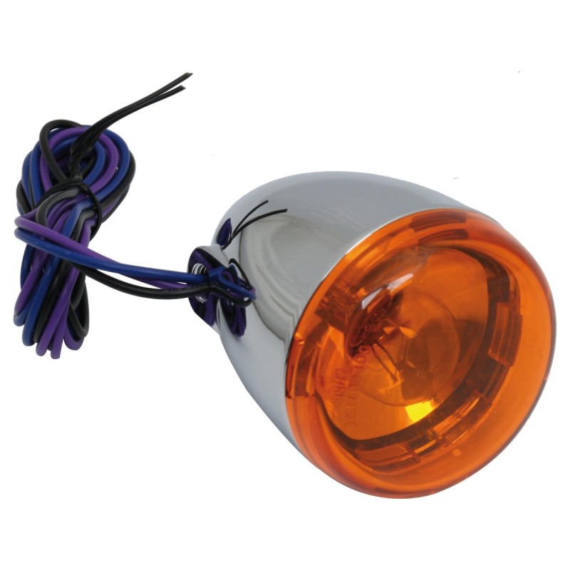 Deuce-Style Turn Signal Front, wires exit behind mounting hole Chrome Amber Dual Filament