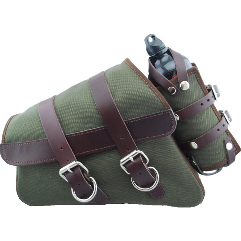 Canvas Swing Arm Saddle Bag with Bottle With Black Straps Brown Army Green Left