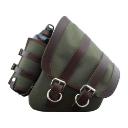 Canvas Swing Arm Saddle Bag with Bottle With Black Straps Brown Army Green Left