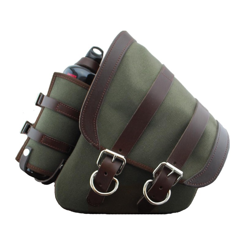 Canvas Swing Arm Saddle Bag with Bottle With Black Straps Brown Army Green Left
