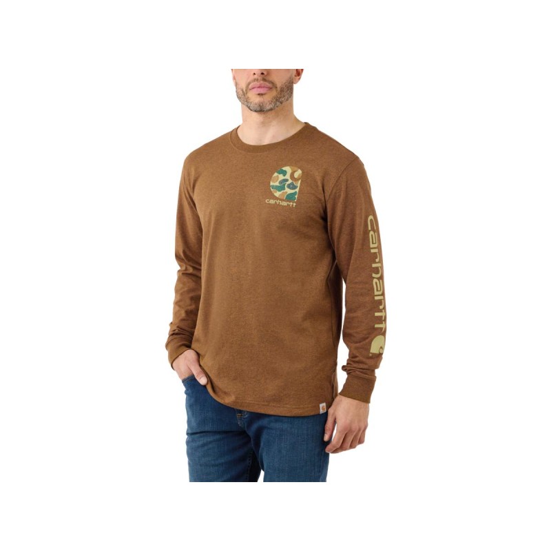 Relaxed Fit Heavyweight Long Sleeve Camo Logo Graphic Shirt M Oiled Walnut Heather