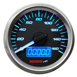 Compteur de vitesse KOSO, style D48 GP. km/h / mph. Cadran noir.